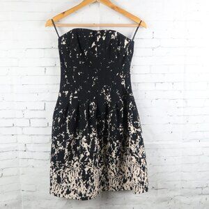 H&M BLACK & IVORY ABSTRACT PRINT STRAPLESS FIT & FLARE MINI DRESS SIZE 4